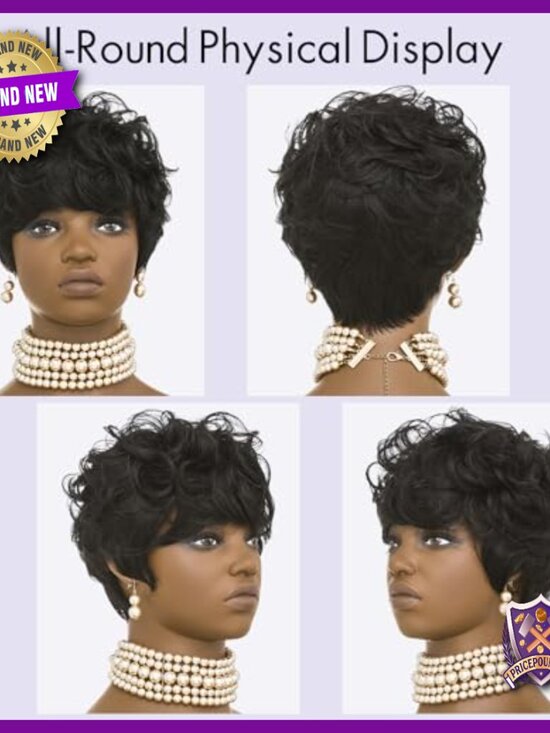 Short Curly Human Hair Wig with Bangs Pixie Cut Lightweight Daily Cosplay main image 7